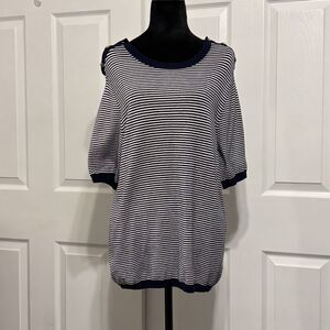 Philosophy Women’s Viscose Navy White Stripe Short Sleeve Sweater Buttons Large